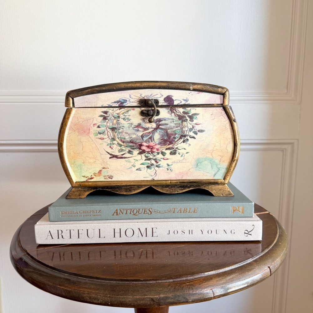 Floral Decoupage Wood Jewelry Trinket Box Victorian Romantic Cottage Decor 10”